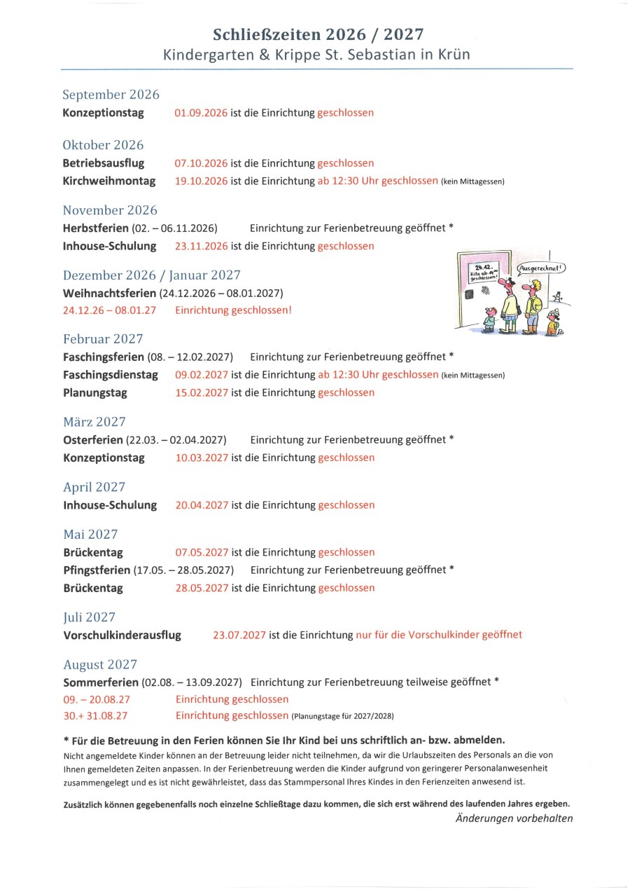 Schließzeiten 2026 / 2027