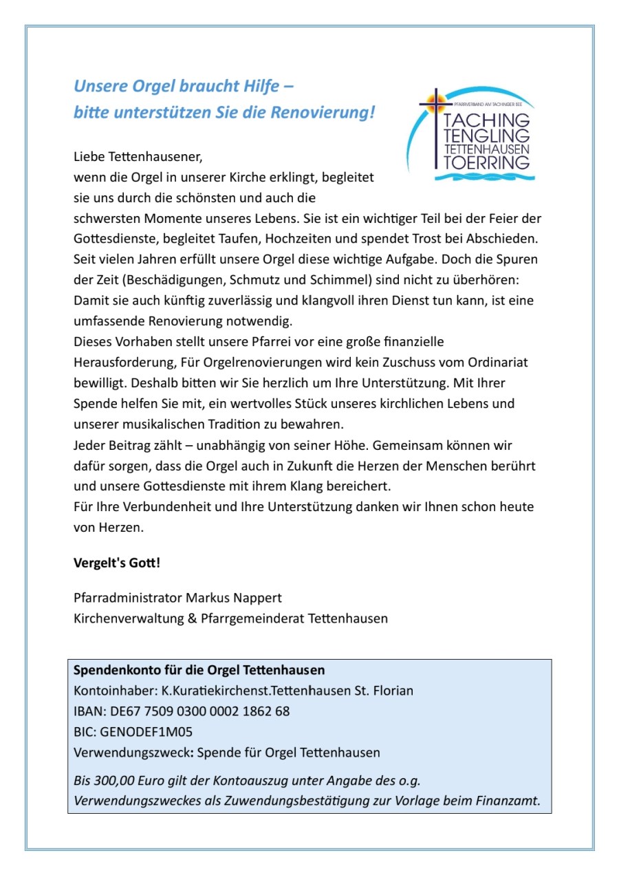 Spendenaufruf Orgel Tettenhausen