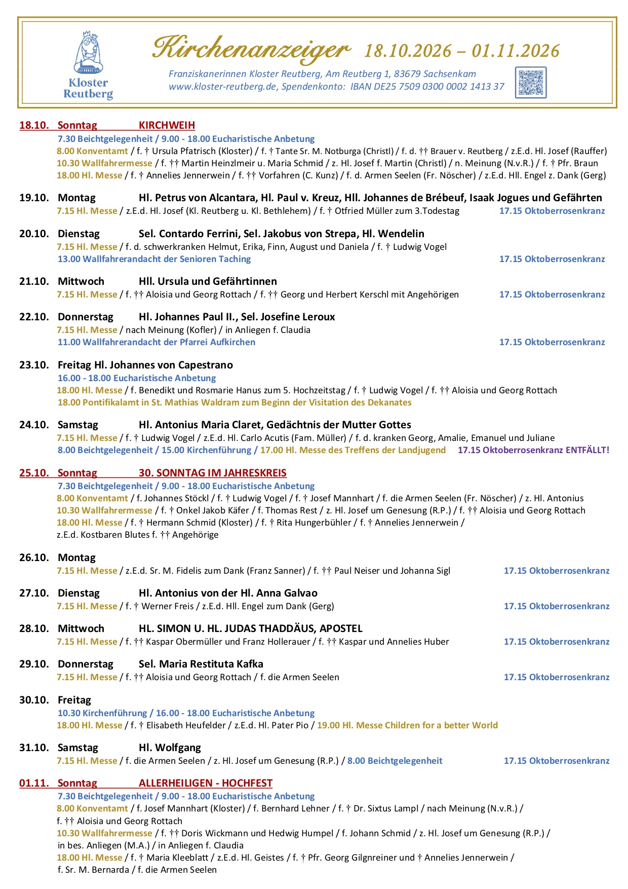 Kirchenzettel Kloster Reutberg  <br/> 18.10.26-01.11.26